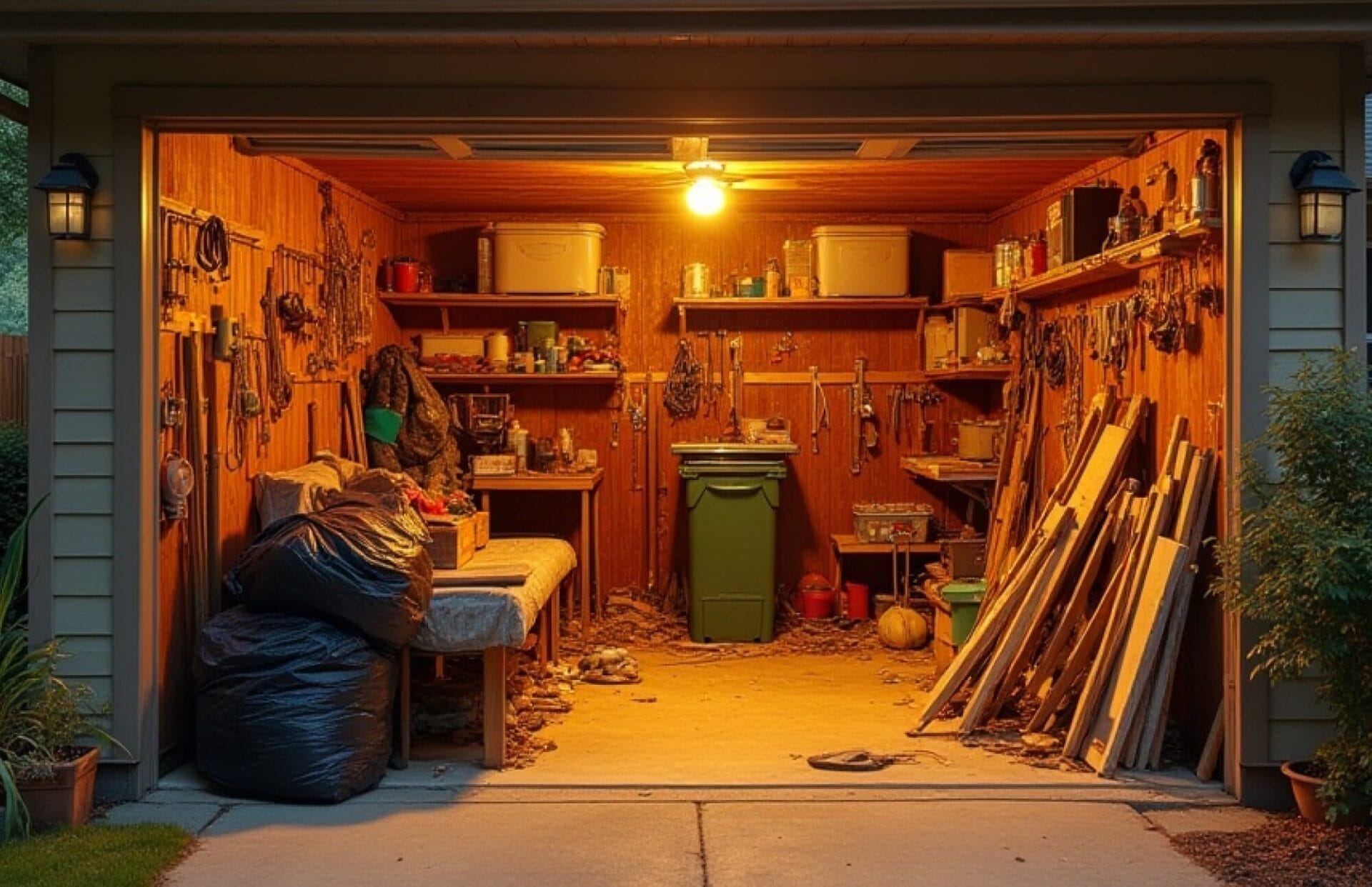 A cluttered garage filled with trash bags, wooden planks, and disorganized tools under a dim light, showing a space in need of cleaning and junk removal