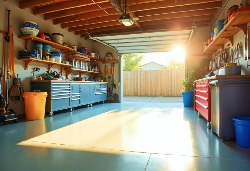 A bright and spotless garage with organized shelves, cabinets, and tools neatly arranged, illuminated by natural sunlight shining through the open door