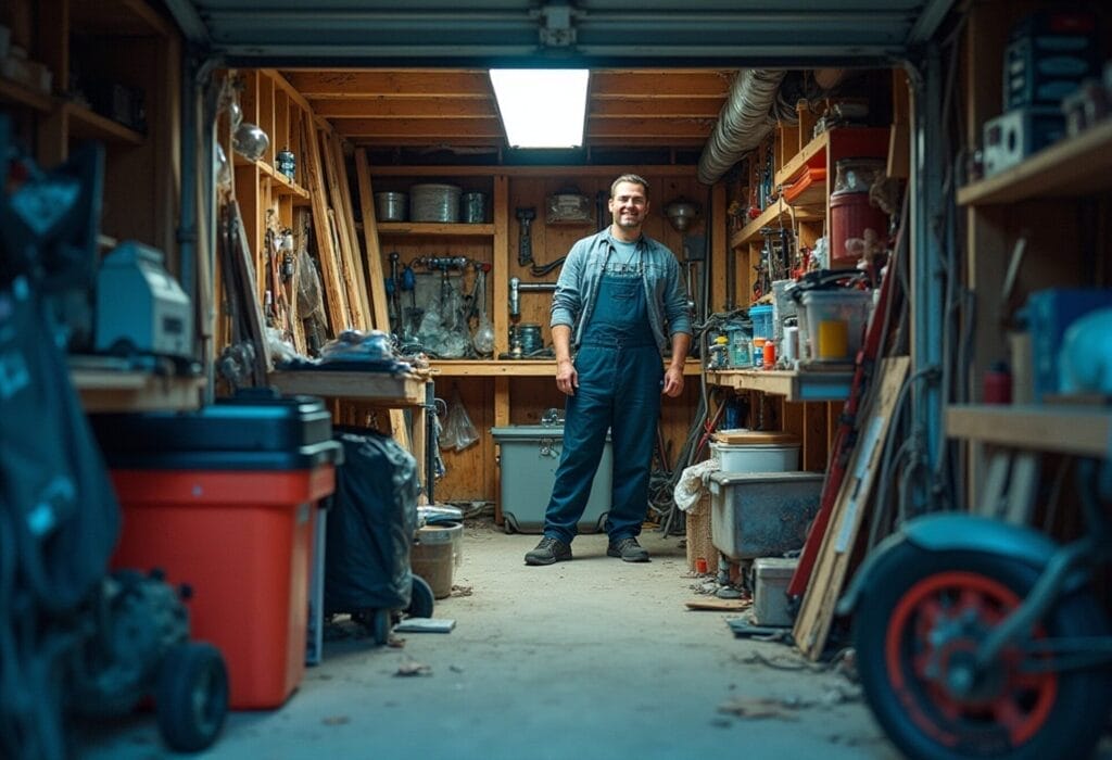 A smiling man in overalls stands proudly inside a cluttered garage full of tools, wood, and supplies, representing a busy handyman workshop
