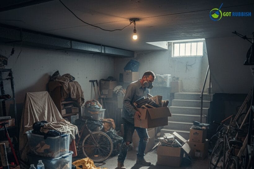 Man organizing and cleaning a messy basement.