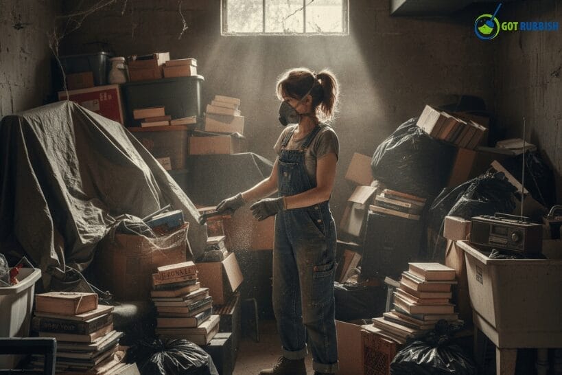 Woman decluttering and cleaning basement using storage bins.